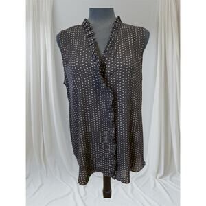 Ann Taylor Black Ruffle Neck Hidden Button Sleeveless Blouse Women's Size Large